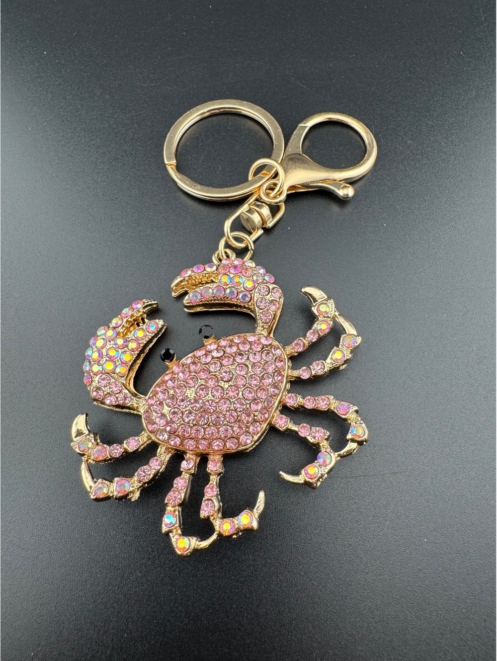 Gold Tone Pink Crystal Crab Keychain Charm